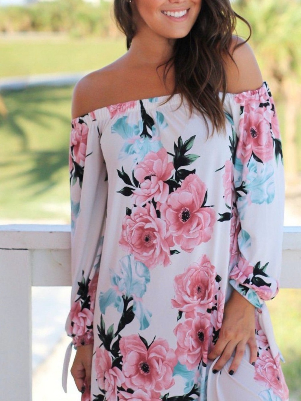 Guess Floral Off-Shoulder Dress in Pink and Aqua